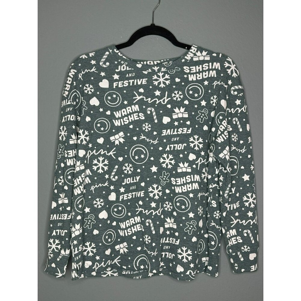 Victoria's Secret PINK Christmas Smile Snowflake Thermal Shirt Green Cream Women